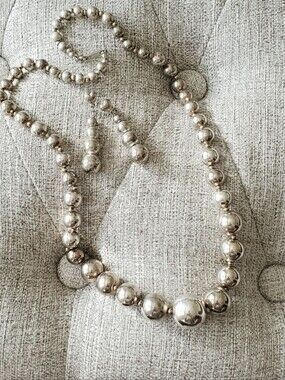 Vintage Silver Beaded Necklace and Earrings Set - Women Jewelry